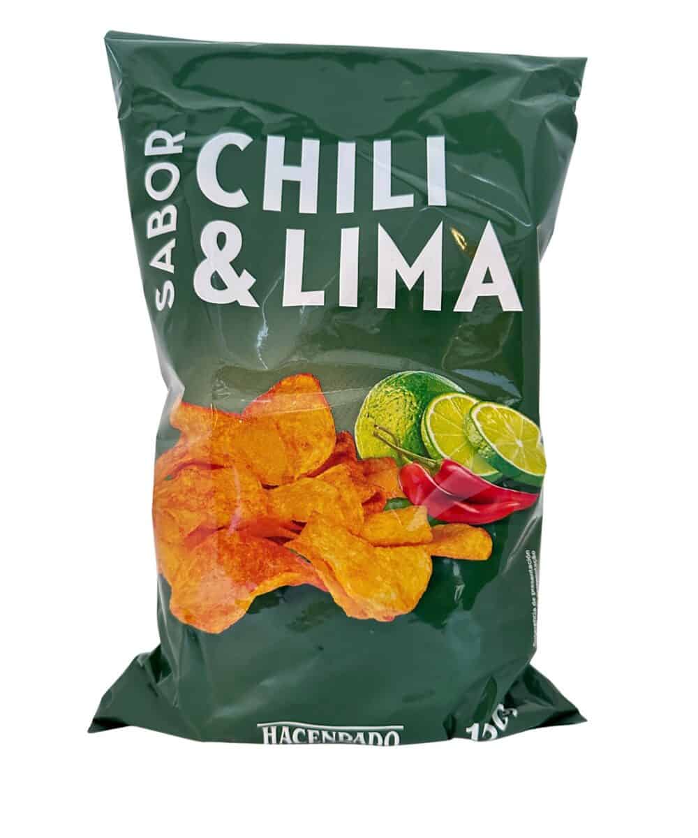 Knusprige Chips mit Salz, Chili und Limette, spanischer Snack, veganer Geschmack, für Partys und unterwegs, 150g.