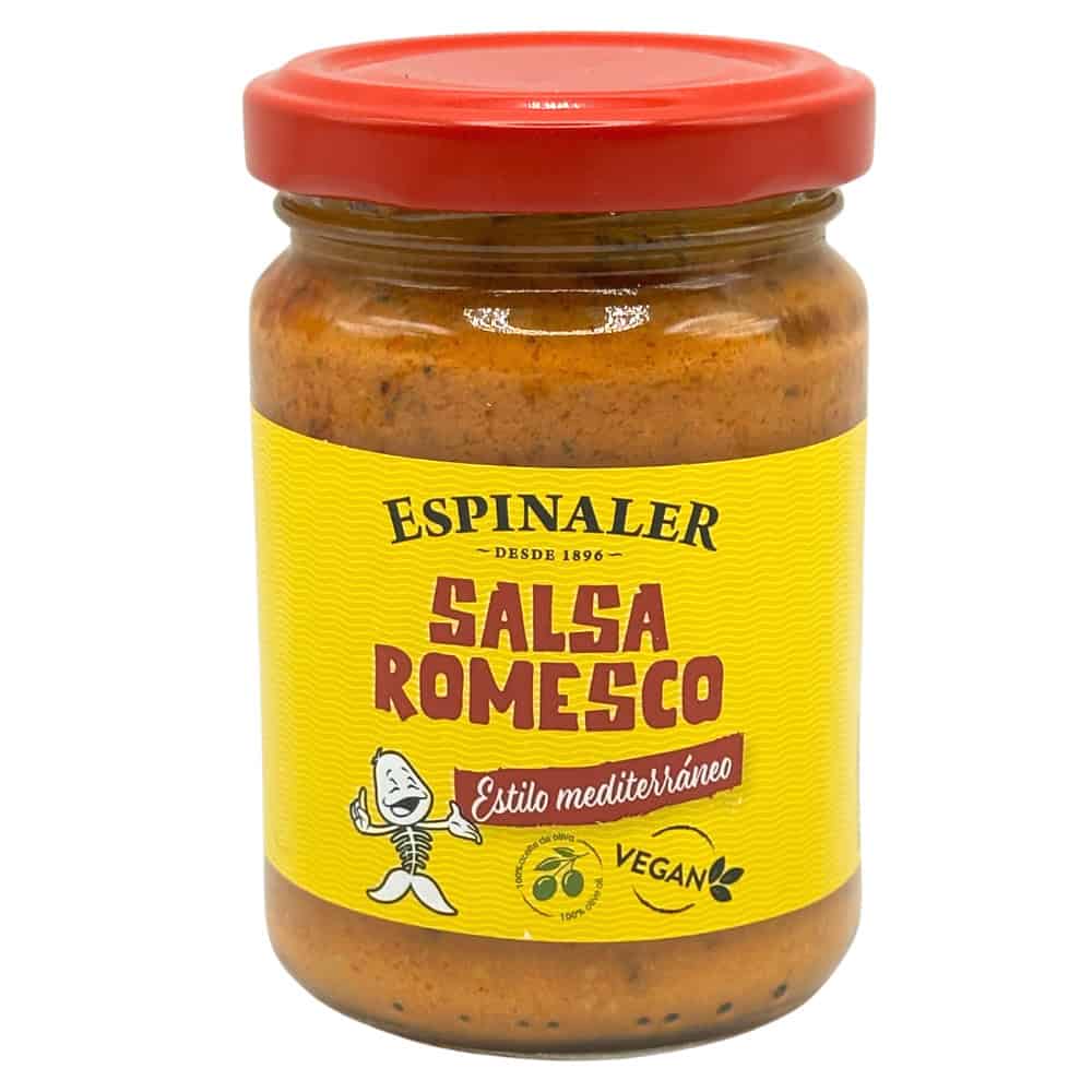 Veganer spanischer Salsa Romesco mit mediterranem Stil, glutenfrei, biologisch und würzig, ideal für Fleisch, Gemüse und Brot – direkt aus Spanien.
