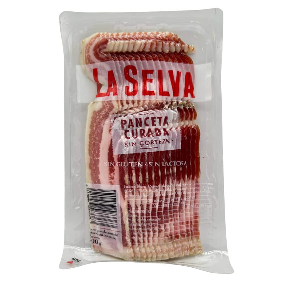 Luftgetrockneter Bauchspeck ohne Schwarte in Scheiben, 200 g, ideal für spanische Tapas und delikate Gerichte. Hochwertige, gluten- und laktosefreie Fleischspezialität direkt aus Spanien.