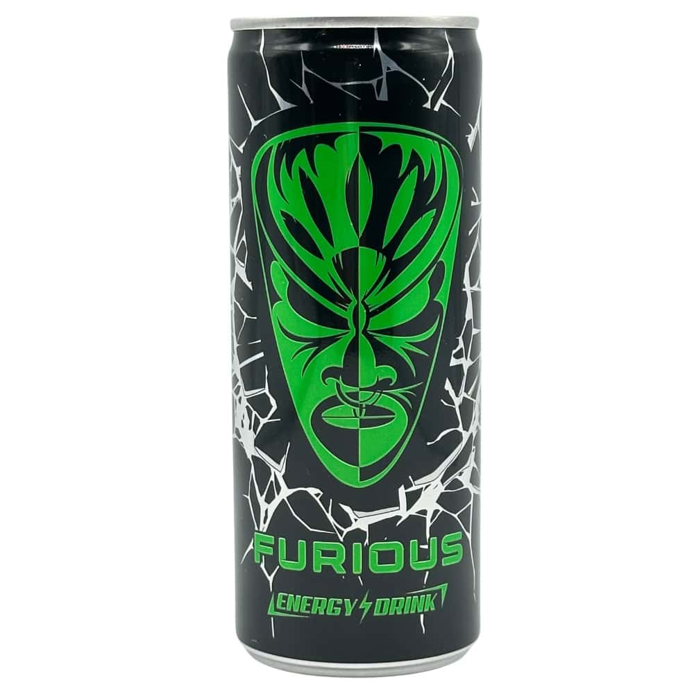 Energydrink Furious mit grünem Masken-Design, 250 ml, für schnelle Energie und Fokus.