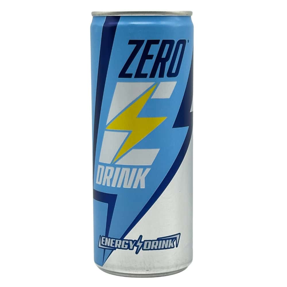 Dosen des Zero Energy Drinks mit blauer Gestaltung und Blitz-Design, ideal für einen Energieschub unterwegs.