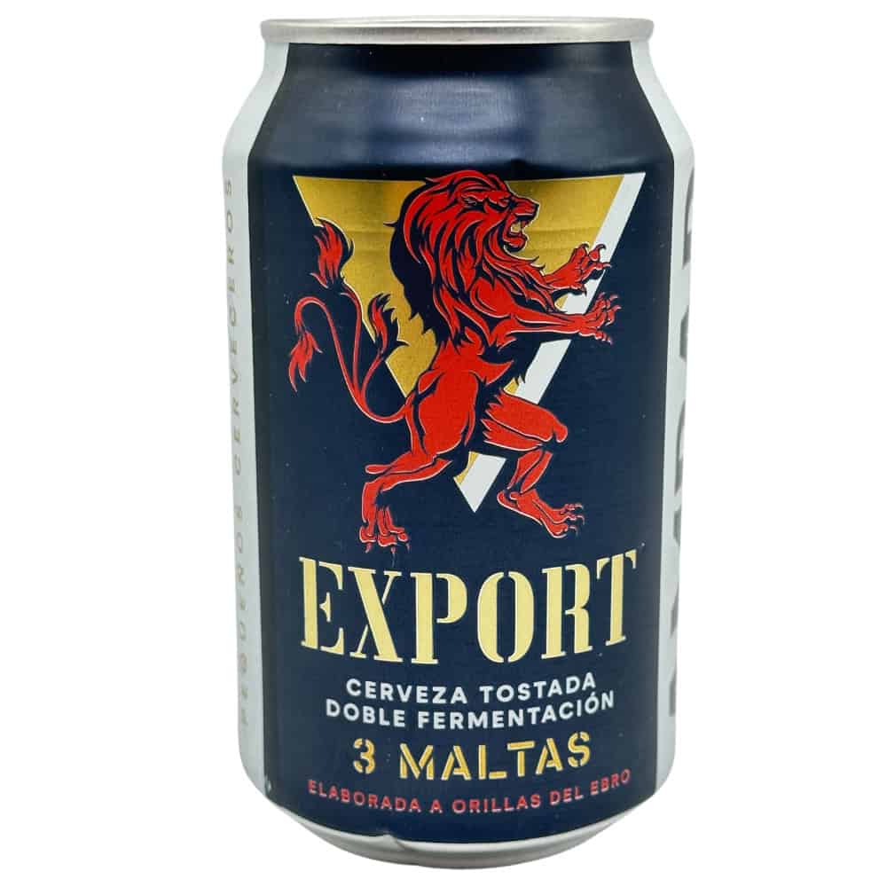 Spanisches Tostada-Bier in Dosen, mit rotem Löwen-Logo und goldener Schrift, ideal für Bierliebhaber, direkt aus Spanien.