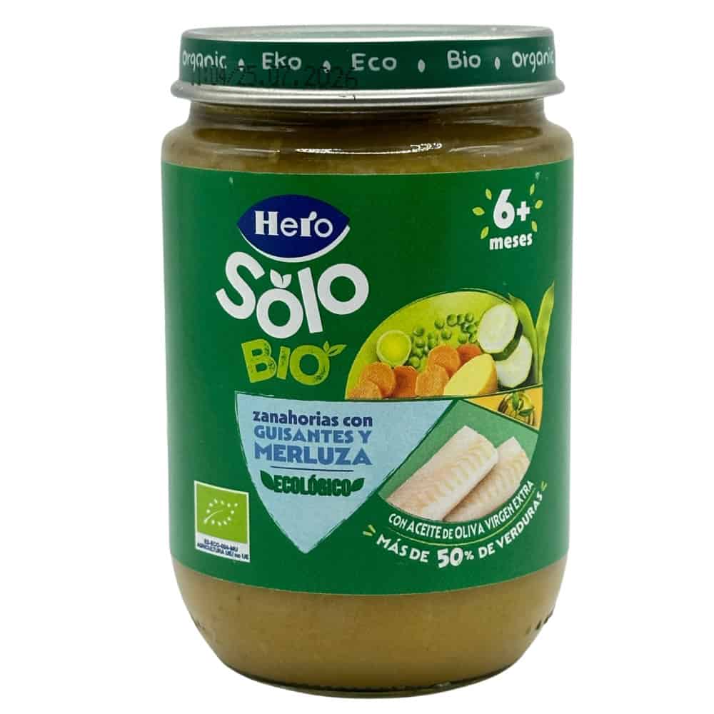 Bio Babybrei mit Karotte, Erbse und Seehecht, ideal für Babys ab 6 Monaten, aus Spanien, mit hochwertigen Zutaten und Olivenöl. Perfekt für eine gesunde Ernährung Ihres Babys.