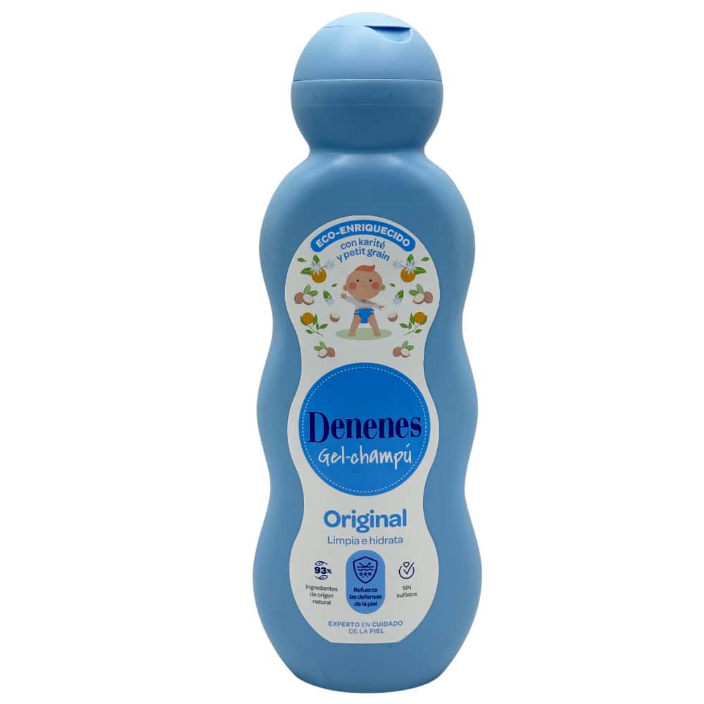Baby Badegel Flasche von Denenes, ideal für empfindliche Haut, mit natürlichen Inhaltsstoffen, für sanftes Reinigen und Hydratisieren bei Babys.