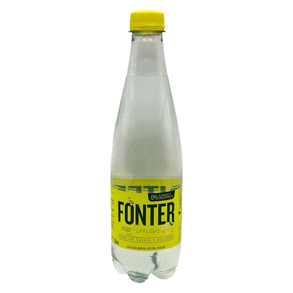 Flasche Fonter Zitronen Mineralwasser mit Kohlensäure, erfrischend und natürlich, ideal für unterwegs, 500 ml.