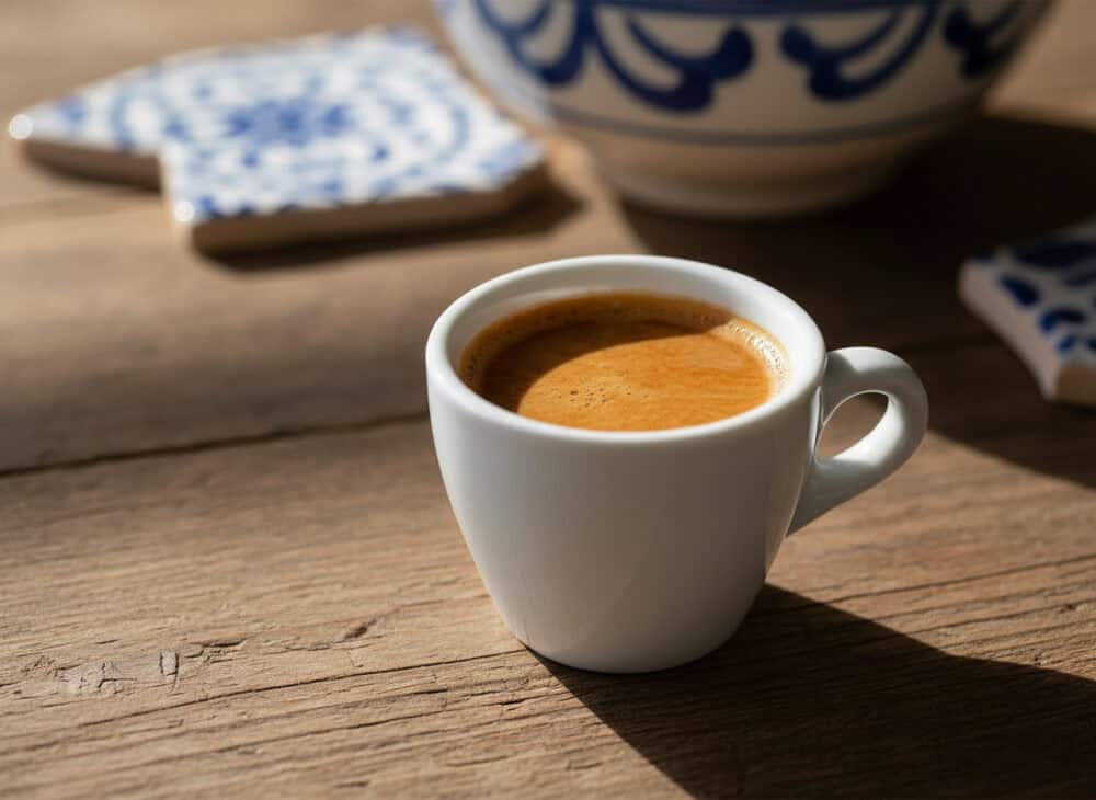Frischer spanischer Kaffee in einer weißen Tasse auf einem Holztisch, ideal für den Genuss nach dem Essen.