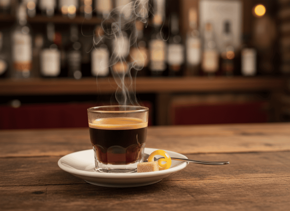 Frischer Espresso mit aufsteigendem Dampf auf einem Holztablett in einer spanischen Bar, im Hintergrund eine Bar mit Spirituosen.