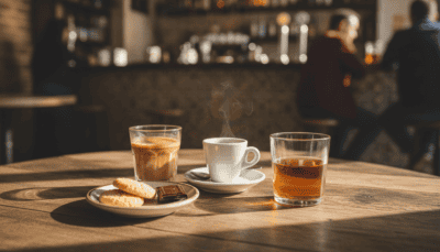 Verschiedene Kaffeespezialitäten auf einem Holztisch in einem spanischen Café, inklusive Espresso, Kaffee mit Milch und Likör.