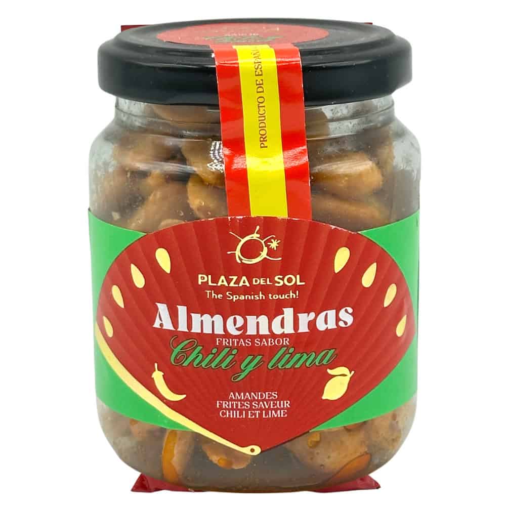 Glas mit spanischen gerösteten Mandeln, gewürzt mit Chili und Limette, ideal als Snack oder Geschenk, 110 g, haltbar bis 05/2026.