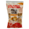 Weißes Milchbrötchen mit goldener Kruste, in einer transparenten Verpackung mit rotem und orangefarbenem Design, das die Marke Dulcesol und die Produktbeschreibung "Pande Leche" zeigt.