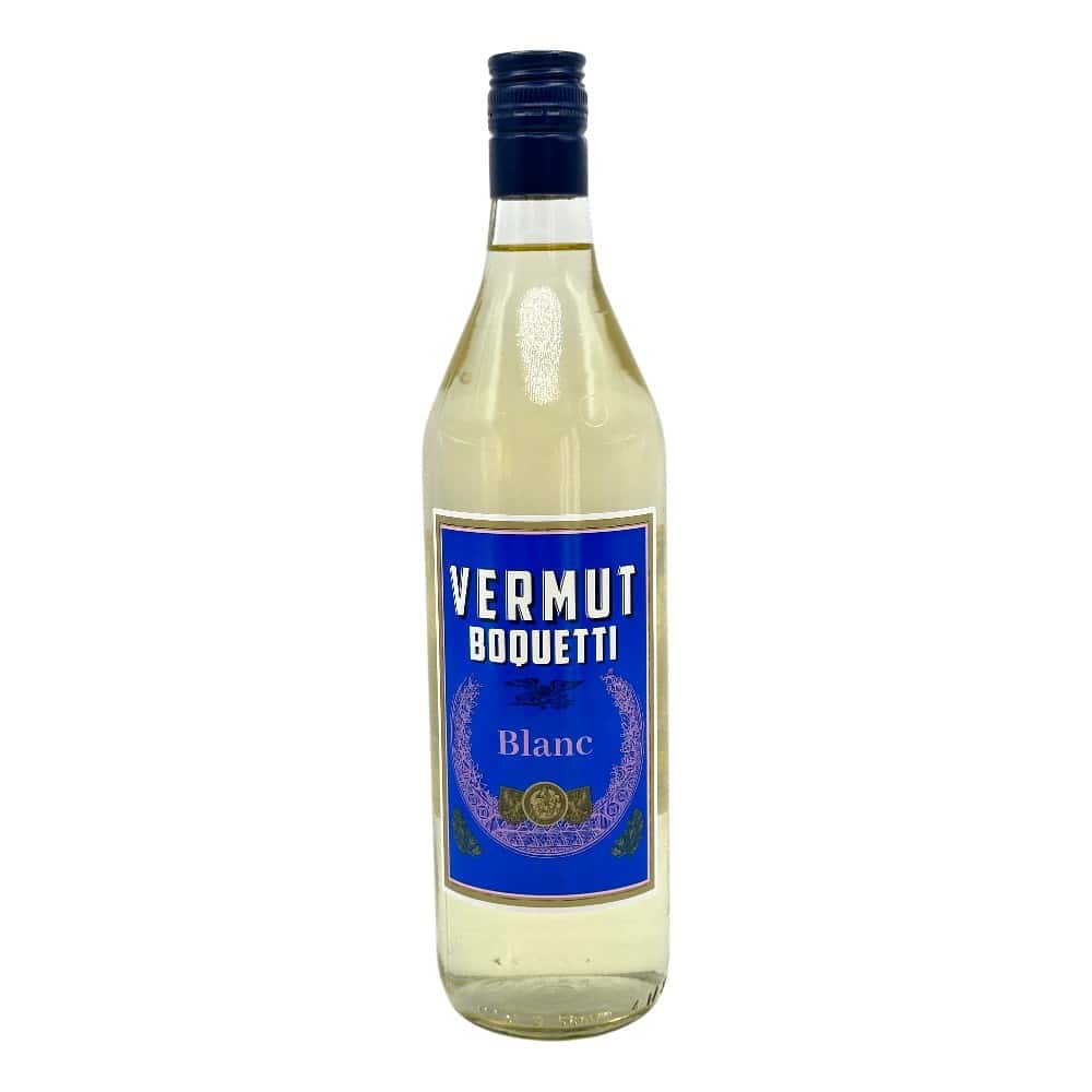 Vermut Boquetti Blanc, spanischer Weißwein, in klarer Flasche mit blauer Etikette, ideal für Cocktails und Aperitifs, direkt aus Spanien, hochwertige Qualität, perfekt für Genießer.