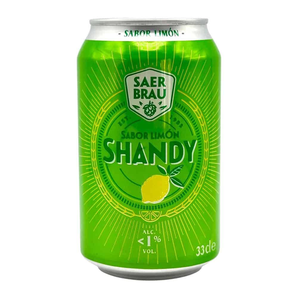 Erfrischende grüne Zitronenlimonade in einer Dose, mit Saer Brau Shandy-Logo und Zitronenmotiv, ideal für Sommer und Erfrischung.