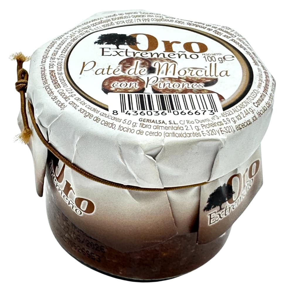 Authentisches spanisches Morcilla-Pâté mit Schweinefleisch, ideal für Feinschmecker, in traditioneller Verpackung aus Spanien.