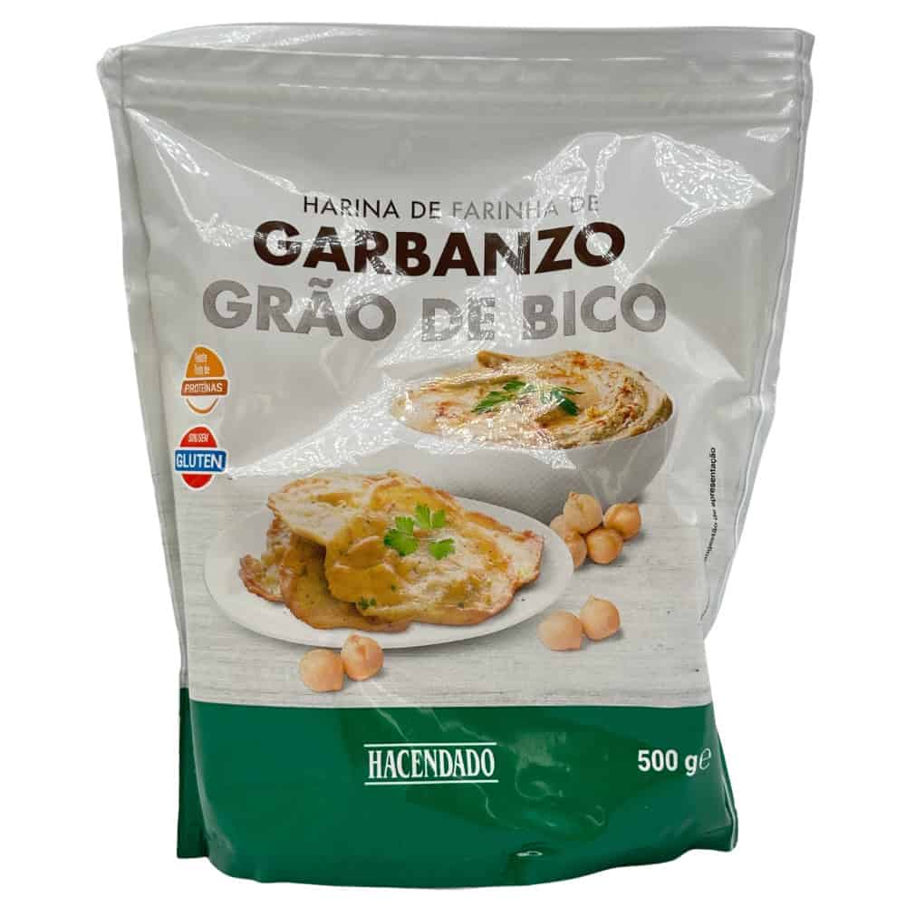 Gericht aus spanischer Kichererbsenmehl, glutenfrei und proteinreich, ideal für glutenfreie Ernährung, auf dem Bild zu sehen in einer 500g-Packung von Hacendado, perfekt für gesunde Mahlzeiten.