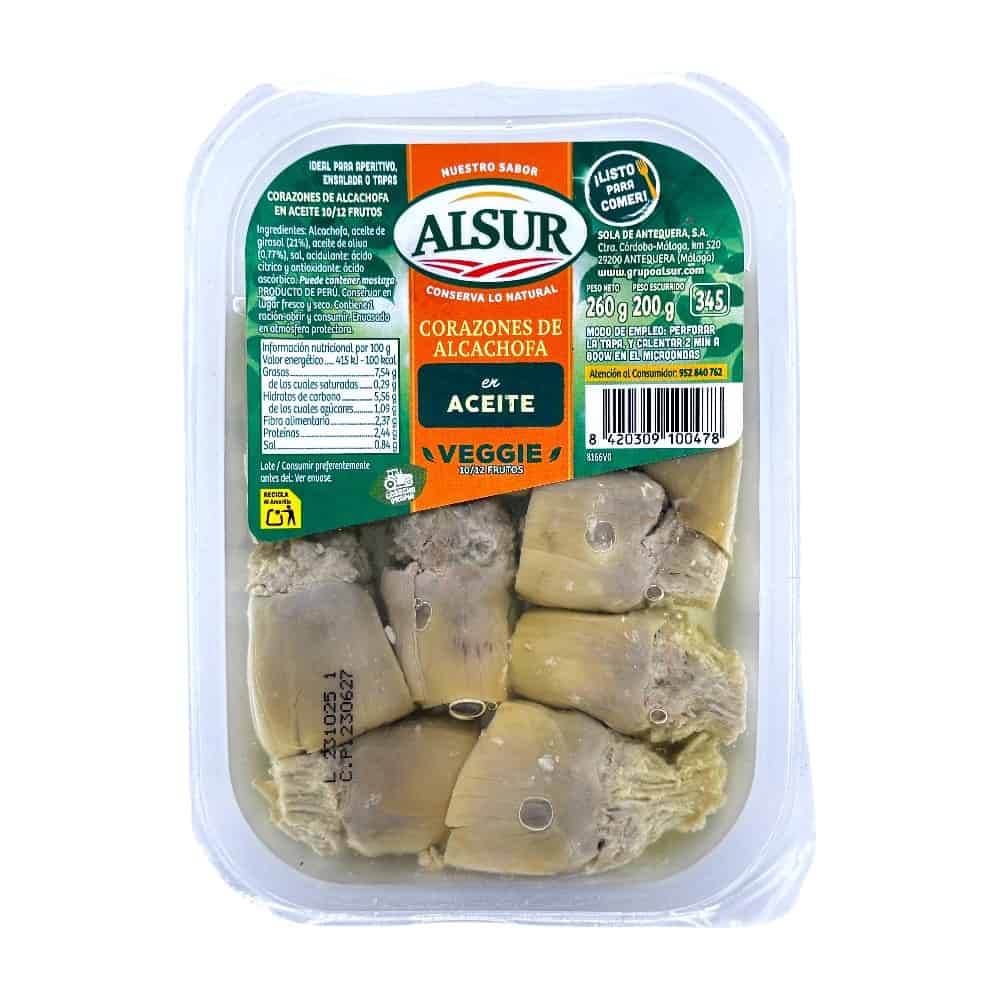 Das Bild zeigt eine Packung mit Artischockenherzen in Öl, die direkt aus Spanien importiert wurden, ideal für mediterrane Gerichte und Salate.