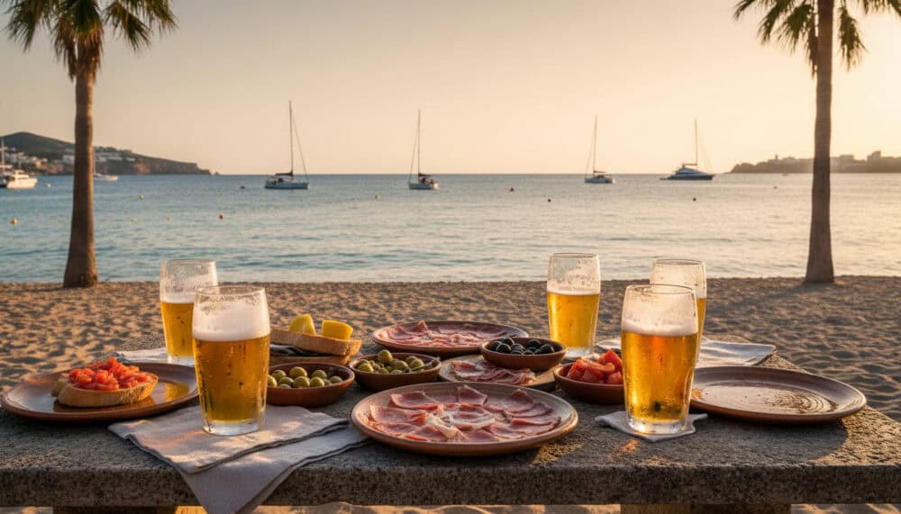 Gemütliches Strandbuffet mit spanischen Tapas, Bier und Meerblick bei Sonnenuntergang, ideal für Newsletter Angebote.