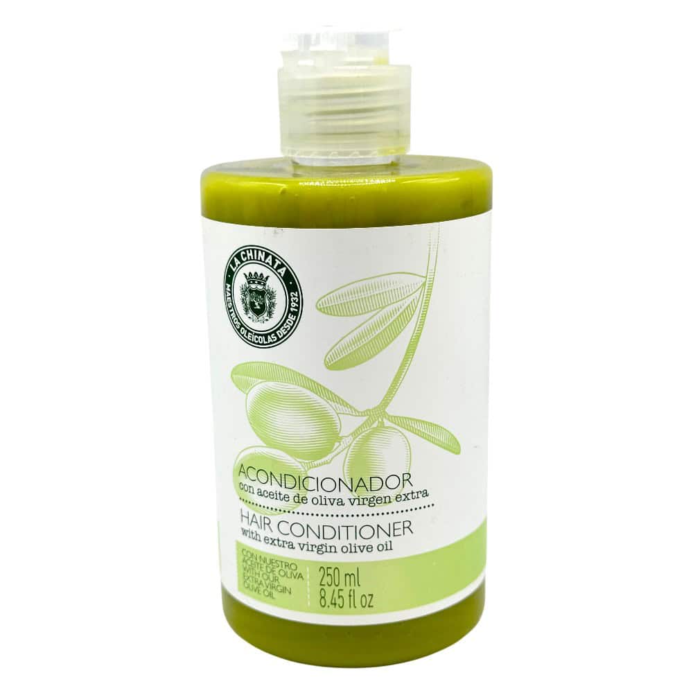 Aussicht auf eine Flasche Haarconditioner mit Olivenöl, hergestellt in Spanien, ideal für gepflegtes Haar, 250 ml, natürliche Inhaltsstoffe, Mareni - direkt aus Spanien.