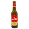 Authentische spanische La Sagra glutenfreie Bierflasche, ideal für glutenfreie Ernährung, mit rotem Etikett und goldener Kappe, direkt aus Spanien.
