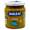 Smileat Babybrei mit Gemüse und Seehecht, geeignet für Kinder ab 6 Monaten, in Glasbehälter mit blauem Label.