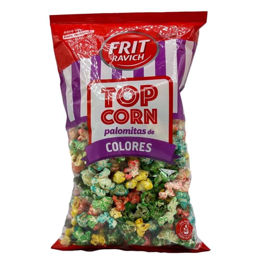 Bunte Popcorn-Mischung in bunter Verpackung, ideal für Snacks und Partys, aus Spanien.
