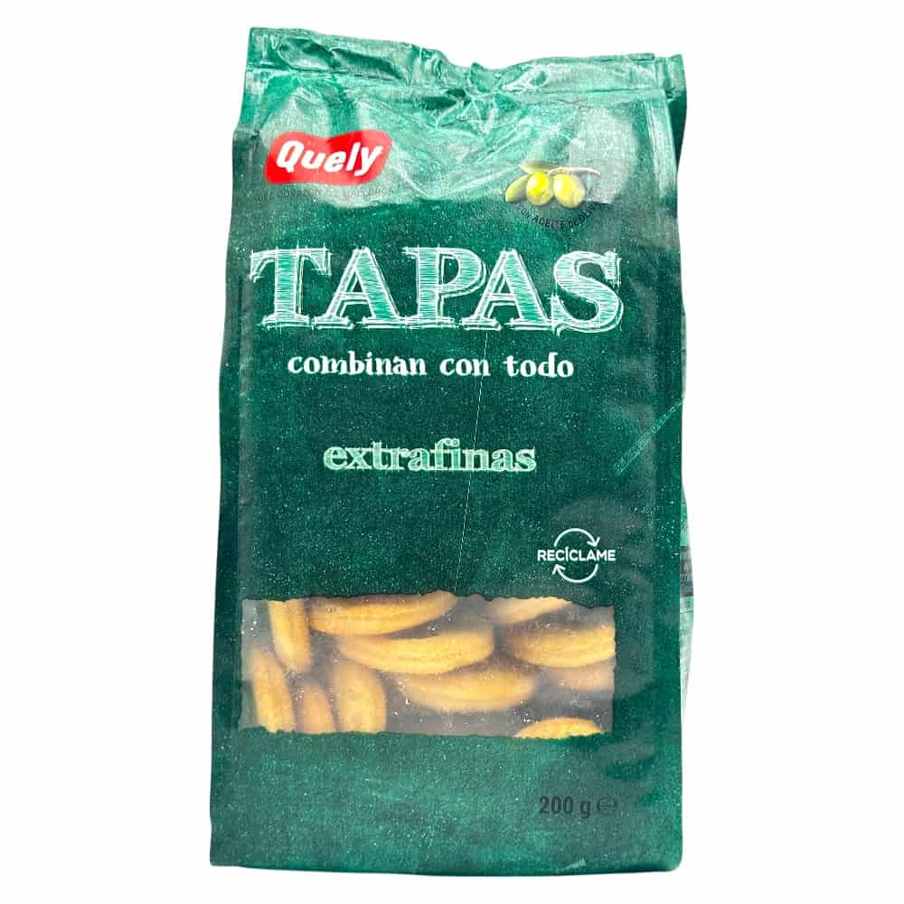 Spanische Quely Tapas mit extrafeinen knusprigen Crackern, 200 g, ideal für Häppchen, nachhaltige Verpackung.