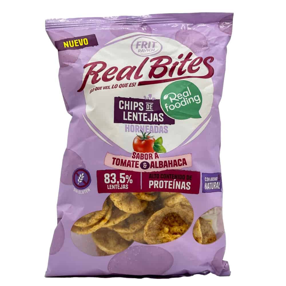 Gebackene Linsen-Chips mit Tomaten- und Basilikumgeschmack in einer lila Verpackung, ideal für gesunden Snack.