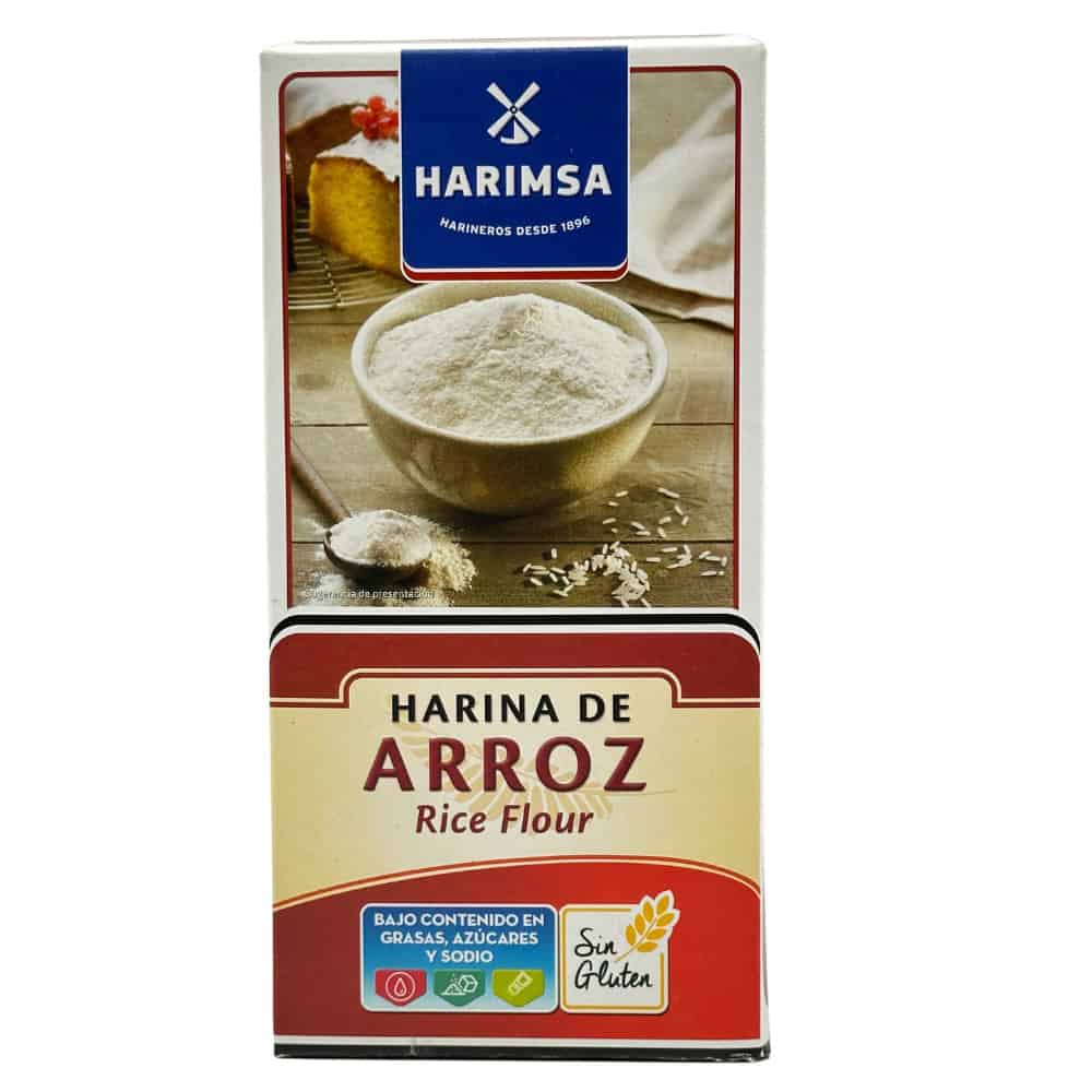 Harina de arroz sin gluten de Harimsa en envase de 400 g, ideal para recetas sin gluten y apta para celíacos.