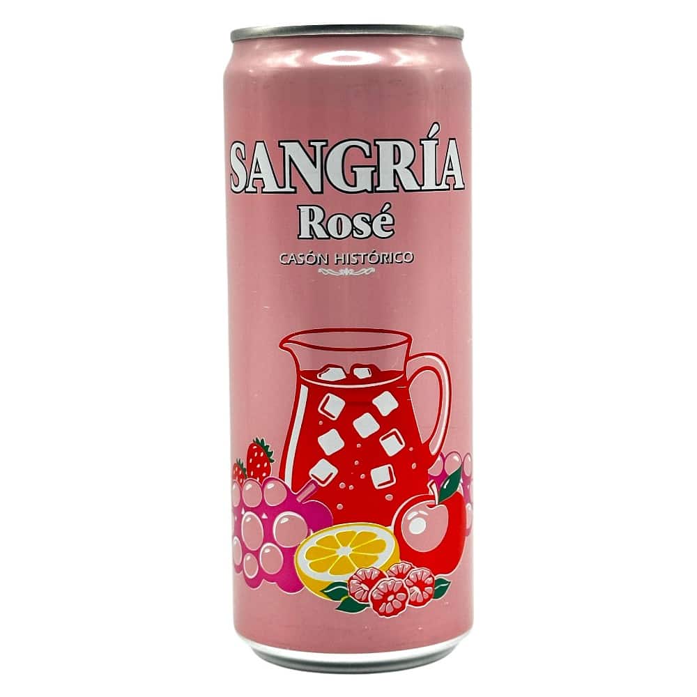 Mareni Sangría Rosé Getränkedose mit Fruchtmotiven und Eiswürfeln, ideal für erfrischende Getränke aus Spanien.
