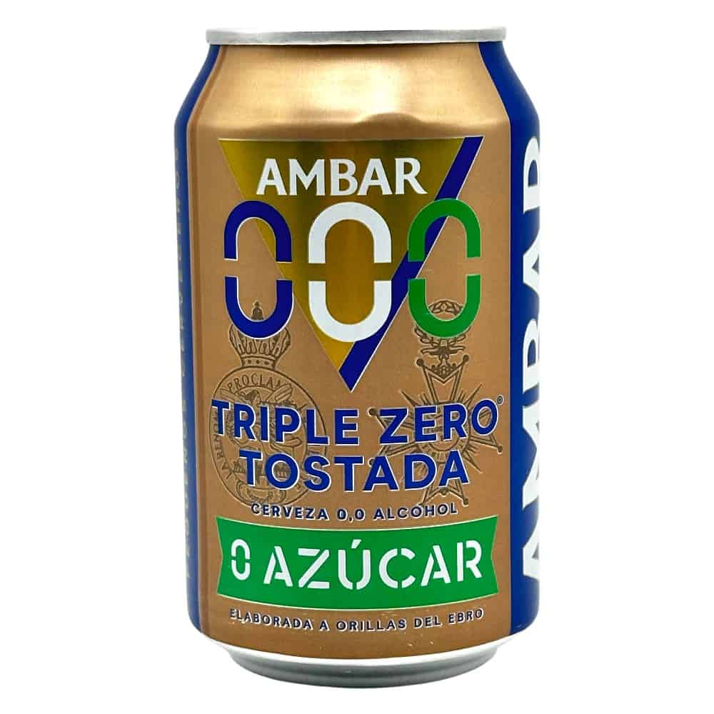 Aluminiumdose von Ambar Triple Zero Tostada mit Zuckerfrei-Label, spanisches Getränk.