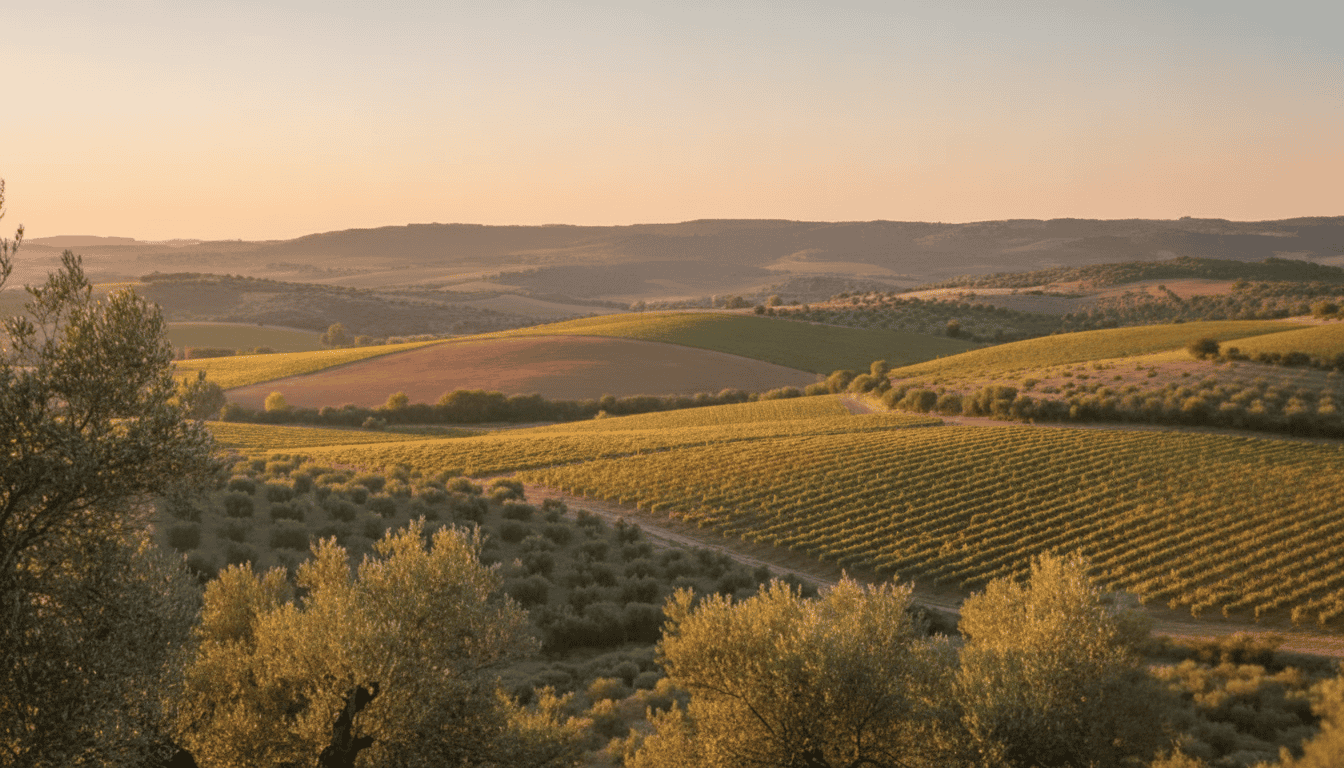 Landschaft mit Weinbergen und Olivenbäumen in Spanien bei Sonnenuntergang, typisch für die spanische Weinregion.