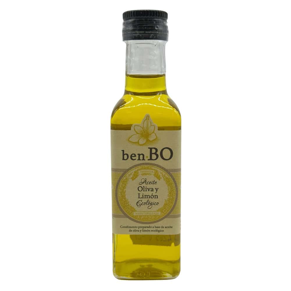 Bio-Olivenöl mit Zitrone von benBO, 250 ml, in einer transparenten Flasche mit schwarzem Verschluss, ideal für mediterrane Gerichte.
