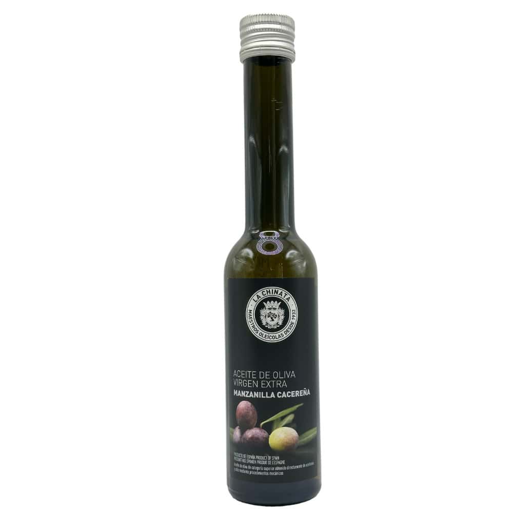 Kleine Flasche mit spanischem Manzanilla Cacereña Olivenöl, ideal für Gourmetküche, 250 ml, MHD: 06/2026.