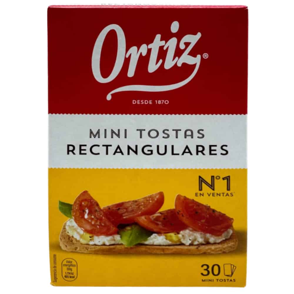 Ortiz Mini Tostas Rectangulares - geröstete Brotscheiben mit Belag, 30 Stück, ideal für Snacks und Partys.