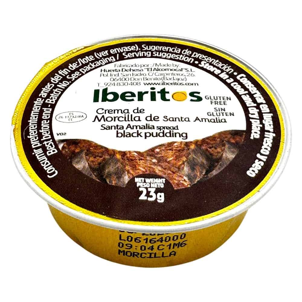 Iberitos Crema de Morcilla de Santa Amalia, spanische Blutwurstcreme in gelbem Becher mit schwarzem Deckel.