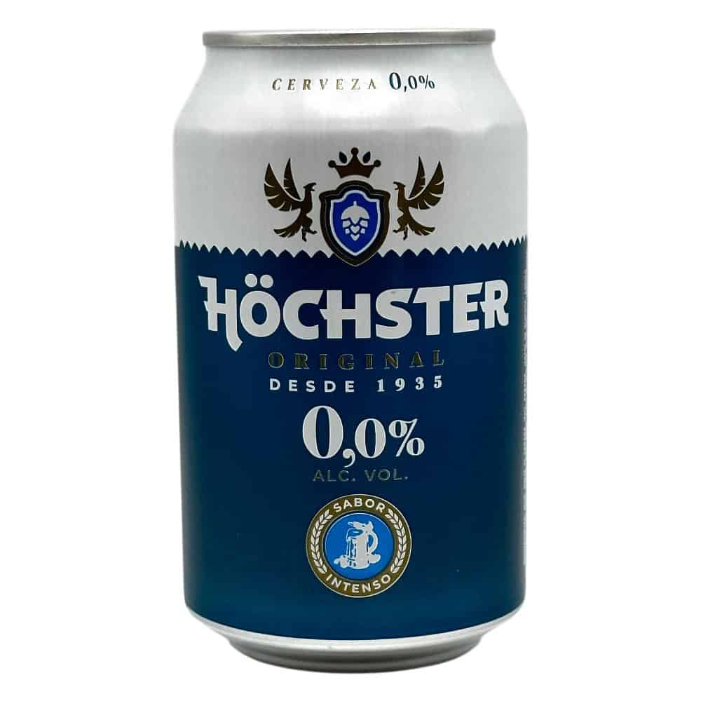 Höchster Original 0,0% alkoholfreie Dose aus Spanien, 0,33 l, mit blauem Design und Logo.