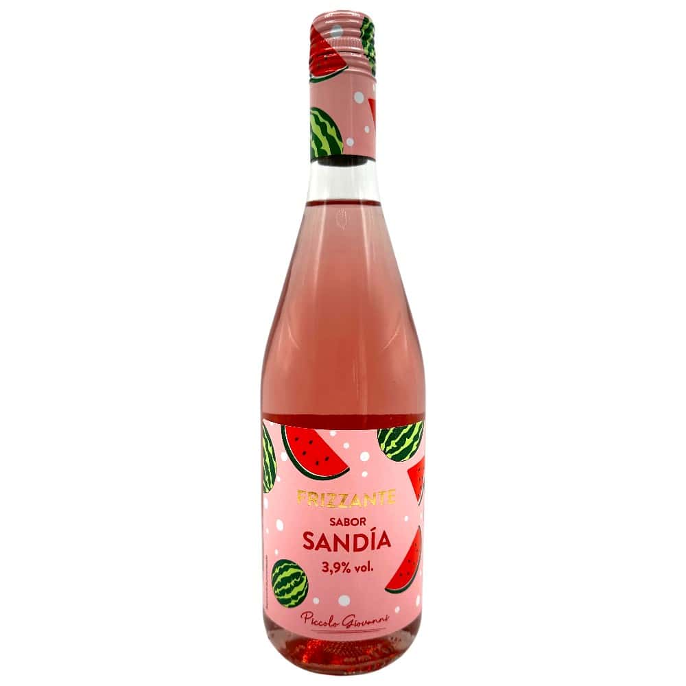 Mareni Rosé Perlwein mit Wassermelonen-Geschmack, 0,75 l, mit fruchtigem Design und Wassermelonen-Motiv.