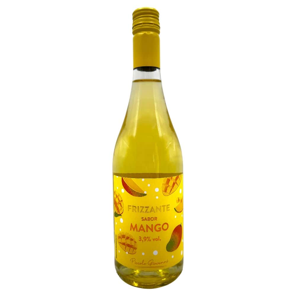 Spanische Mango-Perlwein in kleiner Flasche mit gelbem Etikett und gelbem Verschluss.