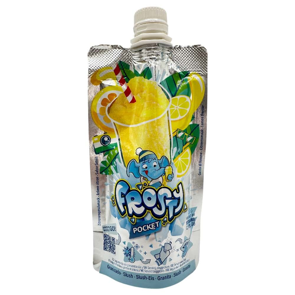 Mareni Frosty Pocket Zitronen‑Slush im Quetschbeutel mit Zitronen- und Limonenscheiben, Strohhalm und Eistüte auf Verpackung.