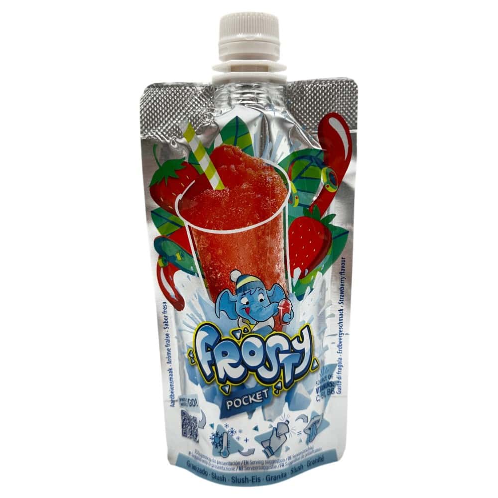 Mareni Frosty Pocket Erdbeer‑Slush im Quetschbeutel mit frischen Erdbeeren und Eis, ideal für unterwegs.