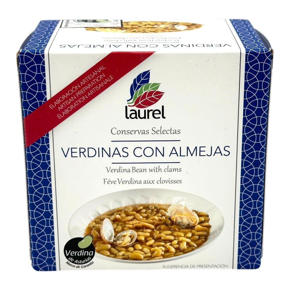 Spanische Verdinas mit Venusmuscheln in einer weißen Schale, auf einer blauen Verpackung mit Laub-Logo.