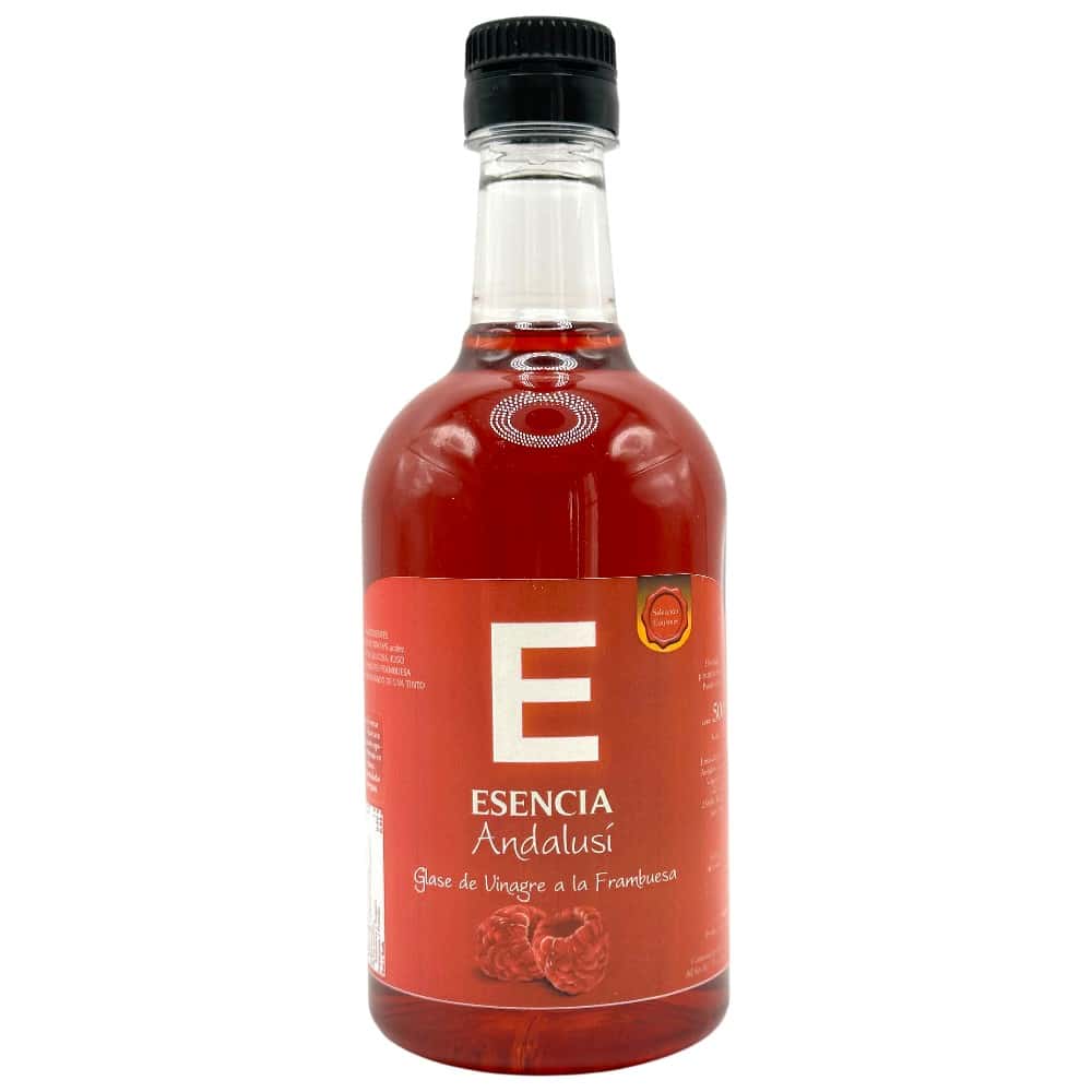 Mareni Himbeeressig in 500 ml Flasche, direkt aus Spanien, mit rotem Etikett und schwarzem Verschluss.