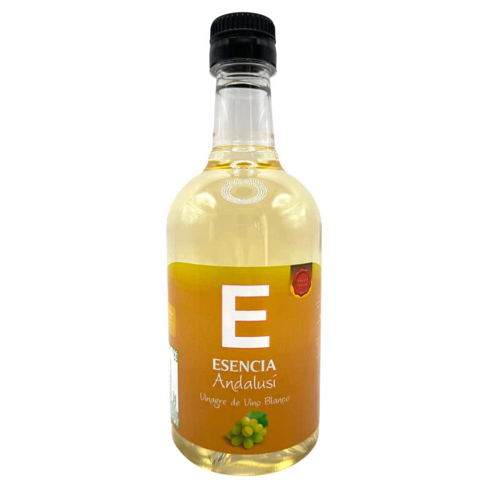 Mareni Weißweinessig aus Spanien in kleiner Flasche mit orangefarbenem Etikett und schwarzem Verschluss.