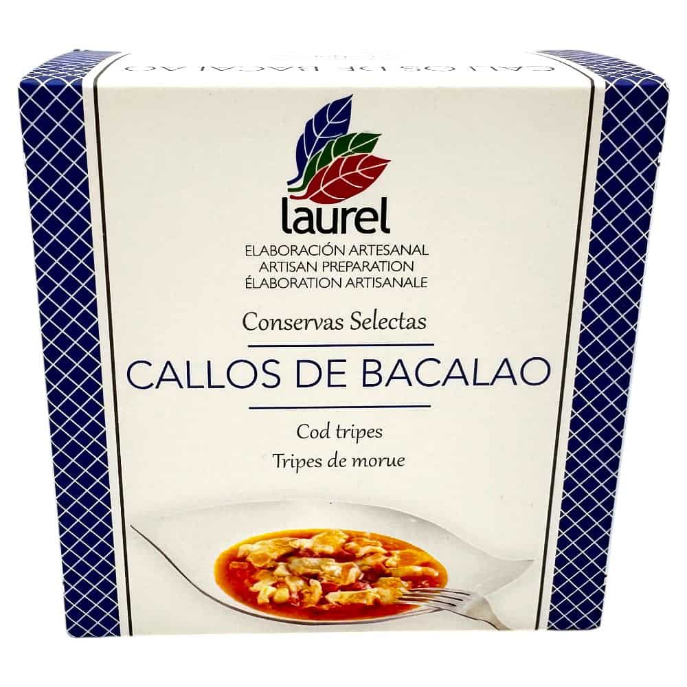 Mareni Kabeljau‑Kutteln in Sauce, spanische Delikatesse, in Verpackung mit Laurel-Logo, ideal für Feinschmecker.