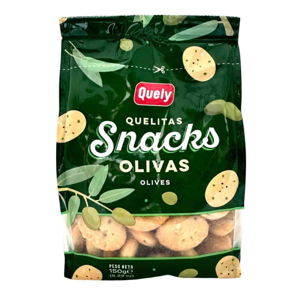 Quely Oliven Snacks in grüner Verpackung mit Oliven- und Kartoffelmotiven, 150g Packung.