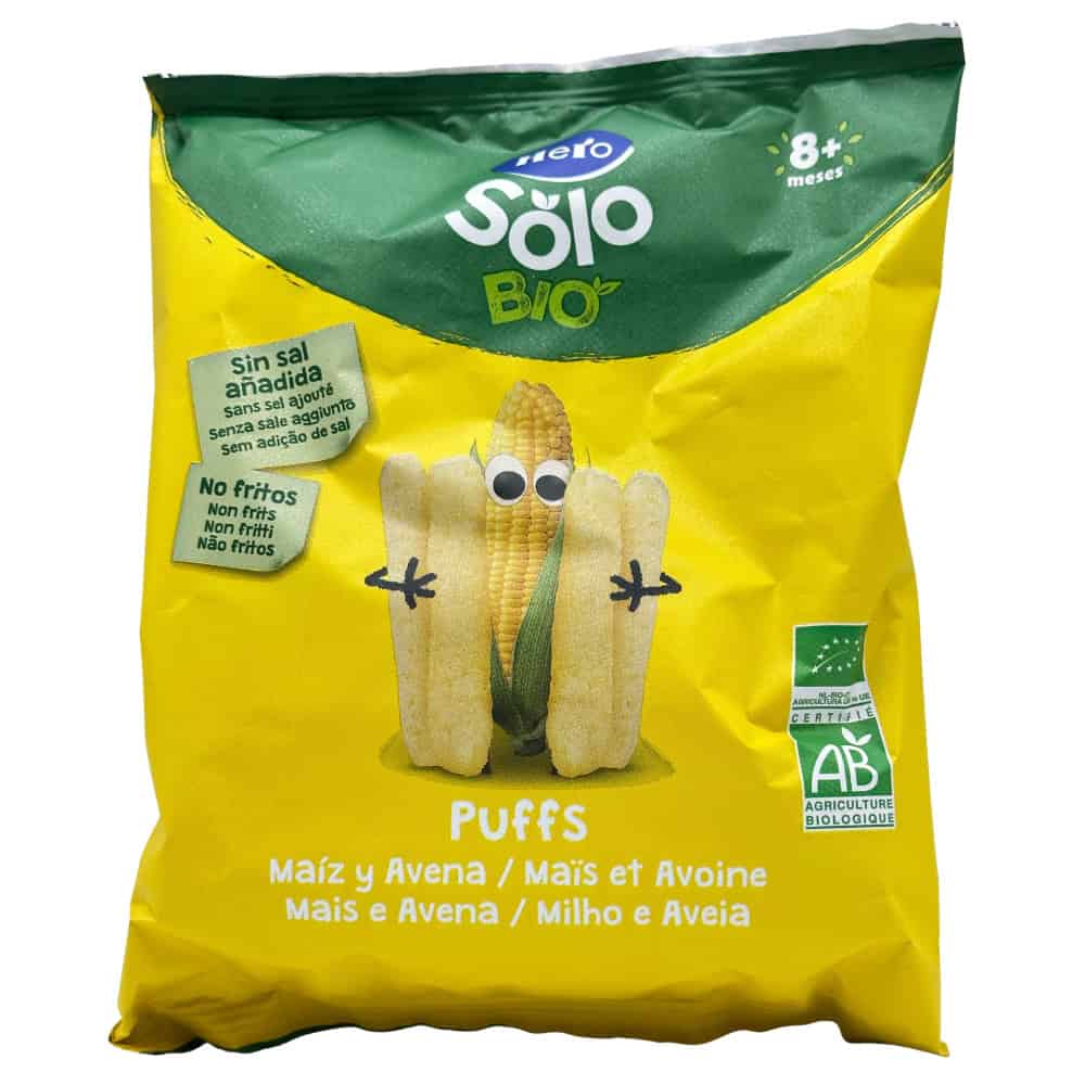 Bio Mais- und Hafer-Puffs für Kinder ab 8 Monaten, ohne Salz, glutenfrei, mit lustigem Maiskolben-Charakter auf gelber Verpackung.