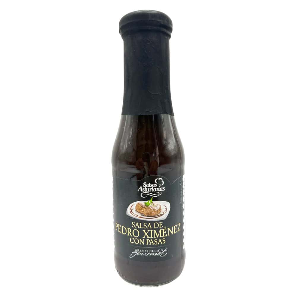 Mareni Pedro Ximénez Sauce mit Rosinen in dunkler Flasche, ideal für spanische Gerichte.