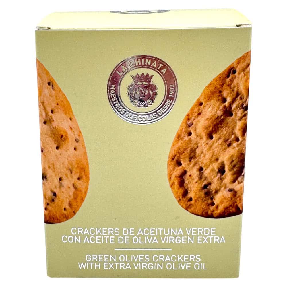 Mareni Green Olives Crackers mit extra nativem Olivenöl, Verpackung mit Olivencracker-Bild, spanisches Produkt.