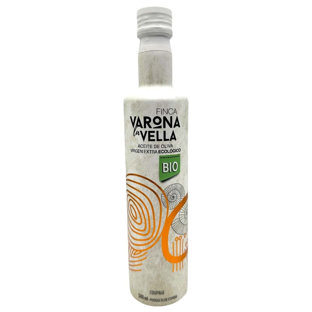Flasche mit Bio-Olivenöl Varona La Vella, aus Spanien, 500 ml, nachhaltige Verpackung, Bio-Qualität.