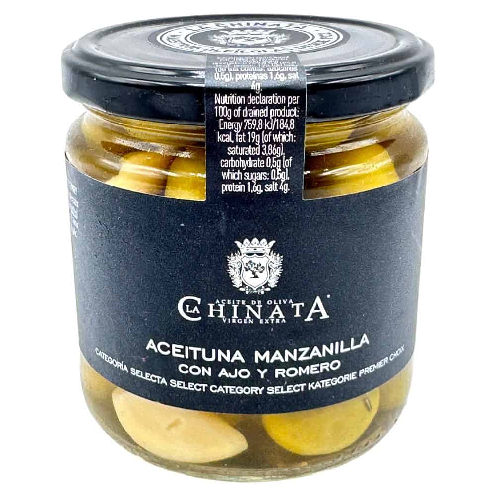 Marini Manzanilla-Oliven mit Knoblauch und Rosmarin in Glas, spanische Spezialität, 190g.