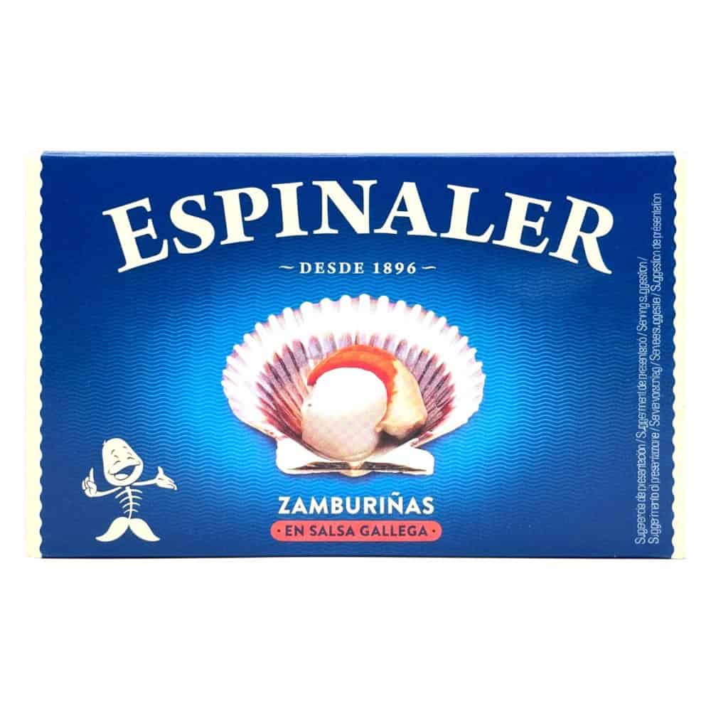 Spanische Zamburiñas in galizischer Soße, verpackt in blauer Espinaler-Box, ideal für Meeresfrüchte-Liebhaber.
